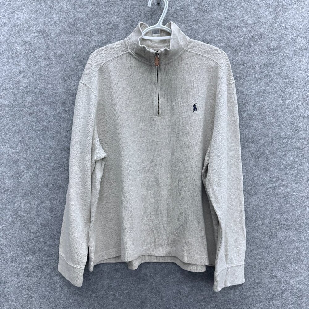 Polo Ralph Lauren Men's Pullover Sweater XL, 1/4 Zip Mock Neck 100% Cotton Beige